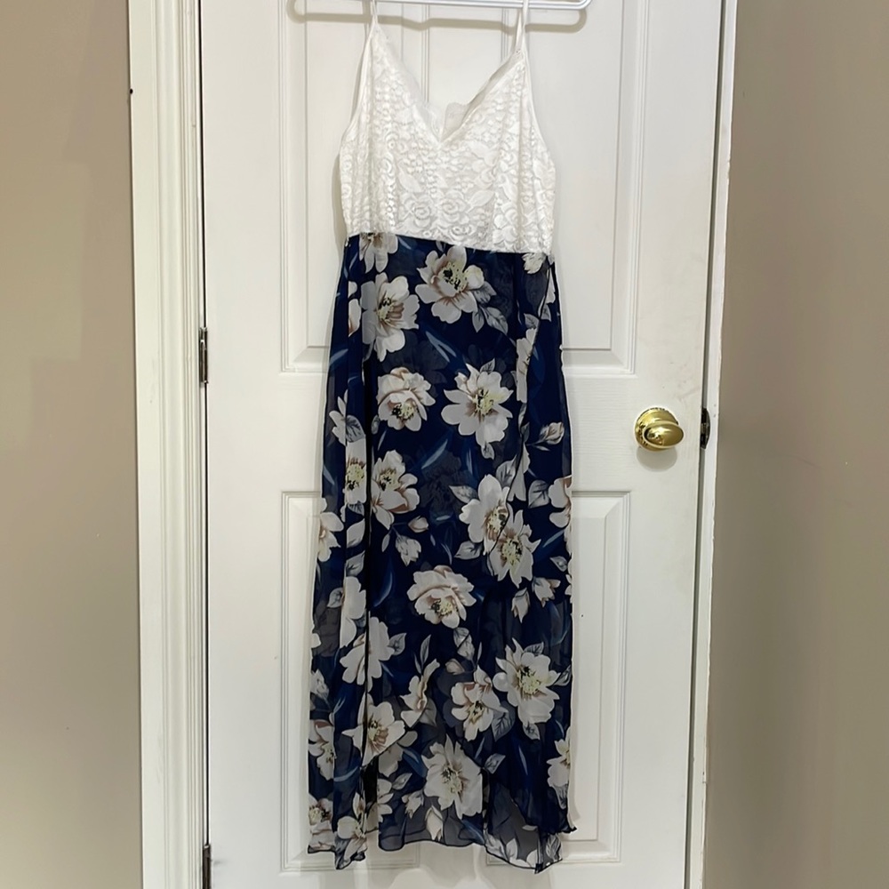 White lace and navy floral dress